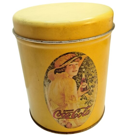 Vintage Coca Cola Tin Canister Yellow Lady Holding Coke Lidded Retro 1980s - Picture 10 of 11